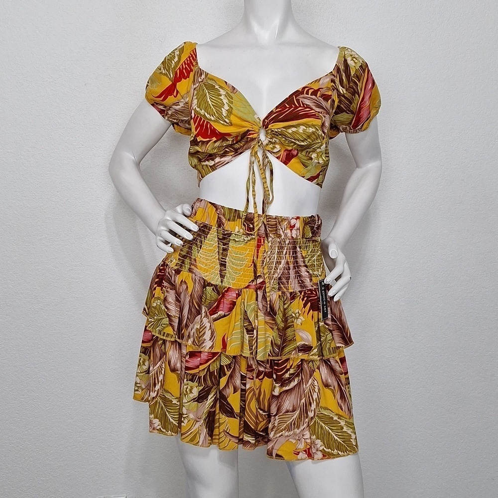 New Look NEW Yellow Multicolor Floral Bohemian Boho Crop Top & Skirt Set Size L
